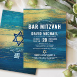 QR Code Bar Mitzvah Türkis Gold Foil Moderne Einladung<br><div class="desc">Seien Sie stolz, freuen Sie sich und präsentieren Sie diesen Meilenstein Ihres Lieblings-Bar Mitzvah! Versenden Sie diese coole, einzigartige, moderne, personalisierte QR-Codeeinladung für eine Veranstaltung, an die Sie sich erinnern können. Imitate metallische goldene Pinselstriche und Star of David, zusammen mit fett-weißer Typografie, überlagern einen reichen, türkisblauen Farbhintergrund. Auf der Rückseite,...</div>