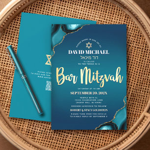 QR-Code Bar Mitzvah Türkis Ombre Achat Schrift Einladung