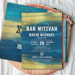 QR Code Bar Mitzvah Turquoise Gold Foil Typ Einladung<br><div class="desc">Seien Sie stolz, freuen Sie sich und präsentieren Sie diesen Meilenstein Ihres Lieblings-Bar Mitzvah! Versenden Sie diese coole, einzigartige, moderne, personalisierte QR-Codeeinladung für eine Veranstaltung, an die Sie sich erinnern können. Imitate metallische goldene Pinselstriche und Star of David, zusammen mit fett-weißer Typografie, überlagern einen reichen, türkisblauen Farbhintergrund. Auf der Rückseite,...</div>