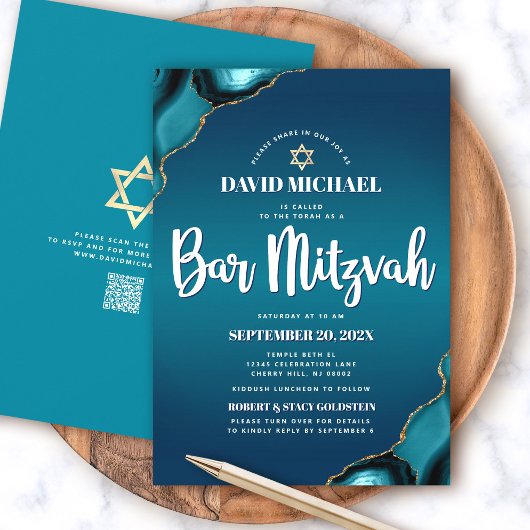 QR-Code Bar Mitzvah Turquoise Ombre Agate Modern Einladung