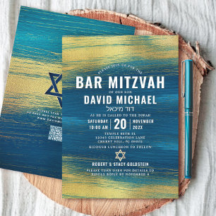 QR-Code Bar Mitzwa Türkis Goldfolie Fette Schrift Einladung