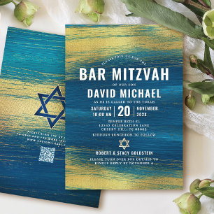 QR-Code Bar Mitzwa Türkis Goldfolie Modern Einladung