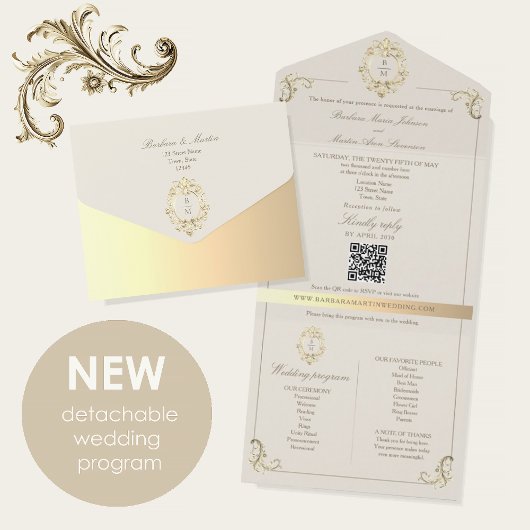 QR-Code Barock-Monogramm-Hochzeit All In One Einladung