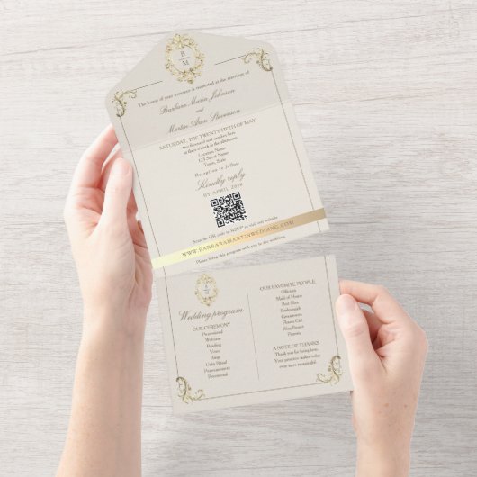 QR-Code Barock-Monogramm-Hochzeit All In One Einladung (Abreißen)
