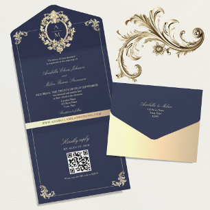 QR-Code Barock Navy Blau Gold Hochzeit All In One Einladung