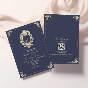 QR-Code Barock Navy Blau Hochzeit Einladung