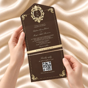 QR-Code Barocke Gold-Schokoladenbraune Hochzeit All In One Einladung