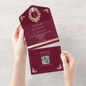 QR Code Baroque Burgundy Gold Wedding All In One Einladung (Abreißen)