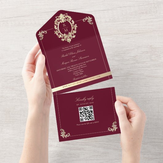 QR Code Baroque Burgundy Gold Wedding All In One Einladung (Abreißen)