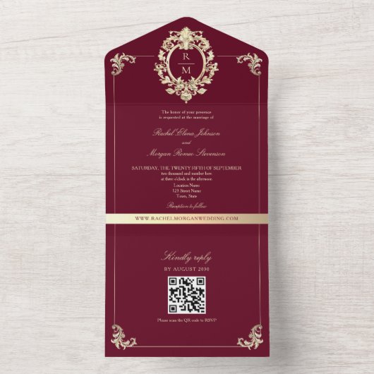 QR Code Baroque Burgundy Gold Wedding All In One Einladung (Innen Boden)