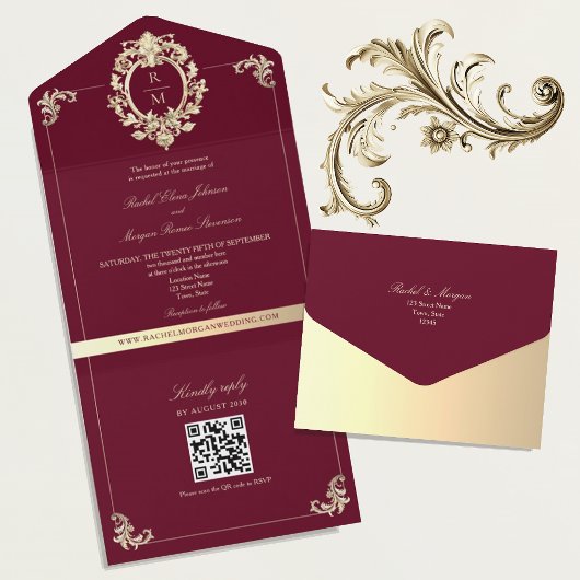 QR Code Baroque Burgundy Gold Wedding All In One Einladung