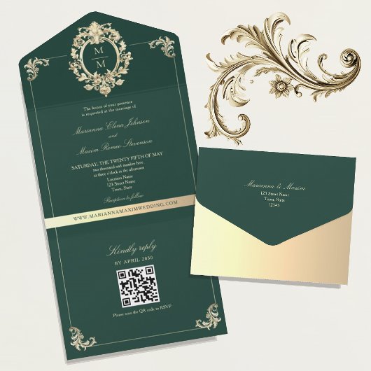 QR Code Baroque Gold Smaragdgrüne Hochzeit All In One Einladung