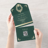 QR Code Baroque Gold Smaragdgrüne Hochzeit All In One Einladung (Abreißen)