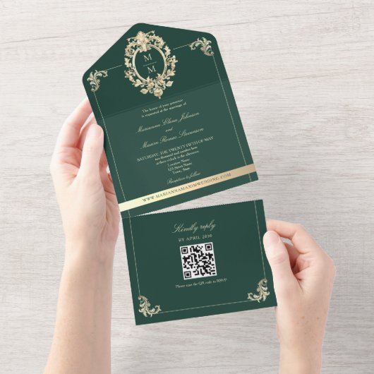 QR Code Baroque Gold Smaragdgrüne Hochzeit All In One Einladung (Abreißen)