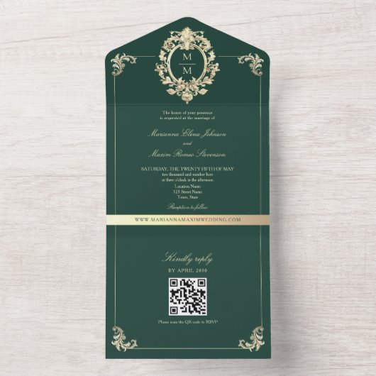 QR Code Baroque Gold Smaragdgrüne Hochzeit All In One Einladung (Innen Boden)