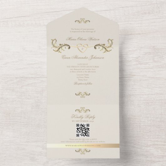 QR Code Baroque Gold Wedding All In One Einladung (Innen Boden)