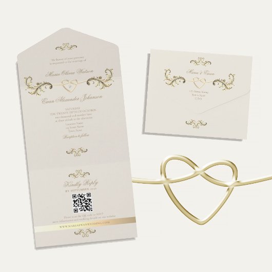 QR Code Baroque Gold Wedding All In One Einladung