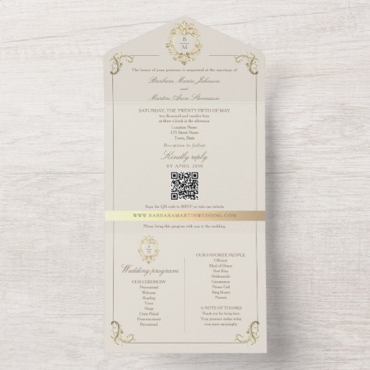 QR Code Baroque Monogram Wedding All In One Einladung (Innen Boden)