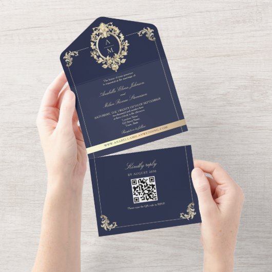 QR Code Baroque Navy Blue Gold Hochzeit All In One Einladung (Abreißen)