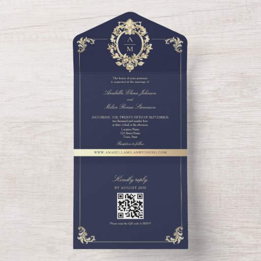 QR Code Baroque Navy Blue Gold Hochzeit All In One Einladung (Innen Boden)