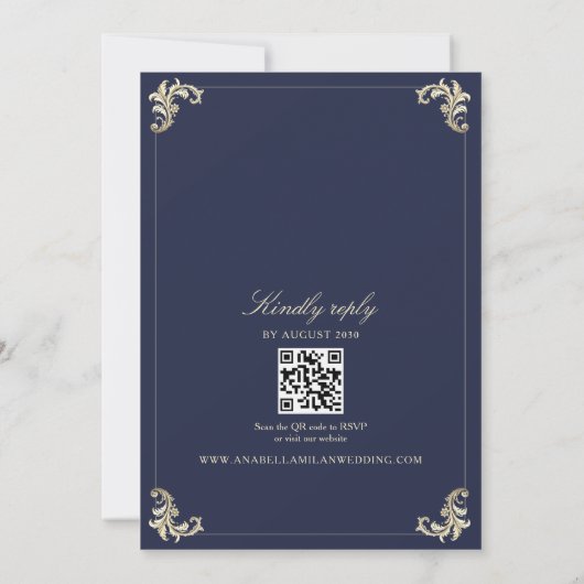 QR Code Baroque Navy Blue Wedding Einladung (Rückseite)