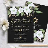 QR Code Bat Mitzvah Black Gold Floral Script Girly Einladung