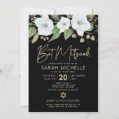 QR Code Bat Mitzvah Black Gold Floral Script Girly Einladung (Vorderseite)