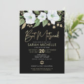 QR Code Bat Mitzvah Black Gold Floral Script Girly Einladung (Stehend Vorderseite)