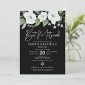QR-Code Bat Mitzvah Black Silver Blumenschrift Einladung (Stehend Vorderseite)