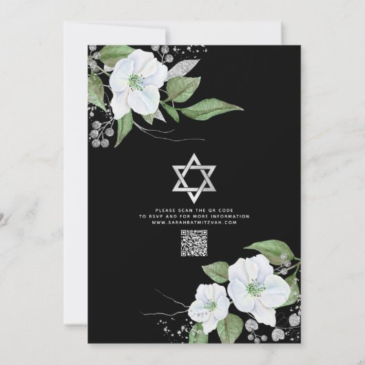 QR-Code Bat Mitzvah Black Silver Blumenschrift Einladung (Rückseite)