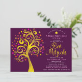 QR Code Bat Mitzvah Burgundy Gold Tree of Life Einladung (Stehend Vorderseite)