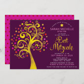 QR Code Bat Mitzvah Burgundy Gold Tree of Life Einladung (Vorne/Hinten)