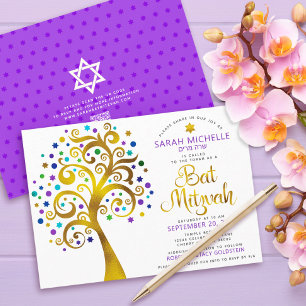 QR-Code Bat Mitzvah Lila Gold kühne Baum des Leben Einladung