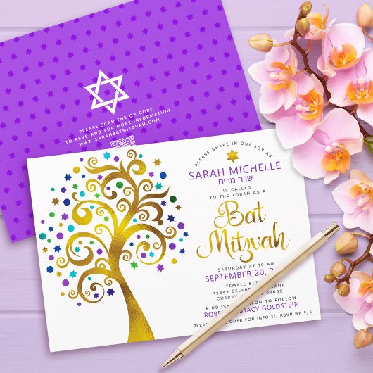 QR-Code Bat Mitzvah Lila Gold kühne Baum des Leben Einladung
