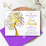 QR-Code Bat Mitzvah Lila Goldbaum des Lebens kühl Einladung<br><div class="desc">Seien Sie stolz, freuen Sie sich und präsentieren Sie diesen Meilenstein Ihres Lieblings-Bat Mitzvah! Versenden Sie diese kühne, moderne, personalisierte QR-Codeeinladung für eine Veranstaltung, die Sie sich erinnern können. Ein lustiges, grafisches Imitat Goldfolienbaum mit funkelnd türkisfarbenem, aquamarinem, lila und blauen Star of David und Dot "Blätter", Imitaten Goldfolienkalligraphie-Skript und lila...</div>