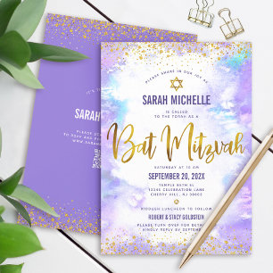 QR-Code Bat Mitzvah Lila Wasserfarbe Gold Glitter Einladung