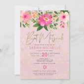 QR-Code Bat Mitzvah Pink Floral Gold Foil Skript Einladung (Vorderseite)