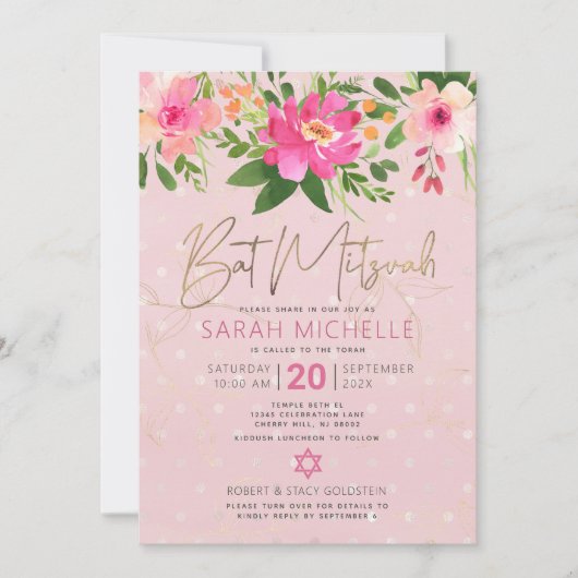 QR-Code Bat Mitzvah Pink Floral Gold Foil Skript Einladung (Vorderseite)