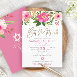 QR Code Bat Mitzvah Pink Floral Gold Script Modern Einladung<br><div class="desc">Seien Sie stolz, freuen Sie sich und präsentieren Sie diesen Meilenstein Ihres Lieblings-Bat Mitzvah! Versenden Sie diese atemberaubende, moderne, personalisierte QR-Codeeinladung für eine Veranstaltung, an die Sie sich erinnern können. Eine schicke, atemberaubende, pinkfarbene und pfirsichfarbene Aquarellfarbe mit Imitaten, Goldfolienskripttypografie und moderner staubiger Rose und grauem Sans Serif überlagern einen weißen...</div>