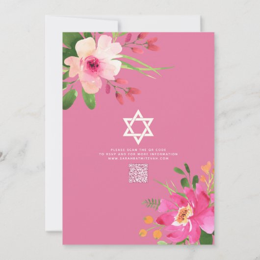 QR Code Bat Mitzvah Pink Floral Gold Script Modern Einladung (Rückseite)
