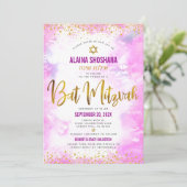 QR-Code Bat Mitzvah Pink Wasserfarben Gold-Script Einladung (Stehend Vorderseite)