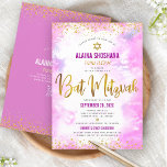 QR-Code Bat Mitzvah Pink Wasserfarben Gold-Script Einladung<br><div class="desc">Seien Sie stolz, freuen Sie sich und präsentieren Sie diesen Meilenstein Ihres Lieblings-Bat Mitzvah! Versenden Sie diese atemberaubende, moderne, personalisierte QR-Codeeinladung für eine Veranstaltung, an die Sie sich erinnern können. Funkelnd Imitate Goldfolienskripte, Glitzer-Punkte, Star of David und handgeschriebene Schrift Typografie überlagern einen weichen rosa Aquarellhintergrund. Auf der Rückseite, zusätzliche Goldpunkte,...</div>