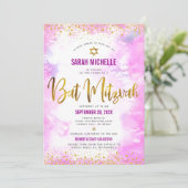 QR-Code Bat Mitzvah Pink Watercolor Gold Glitzer Einladung (Stehend Vorderseite)