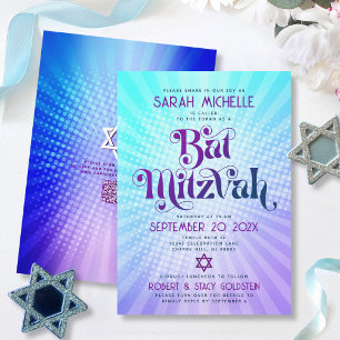 QR Code Bat Mitzvah Retro Blau Lila Farbverlauf Sp Einladung