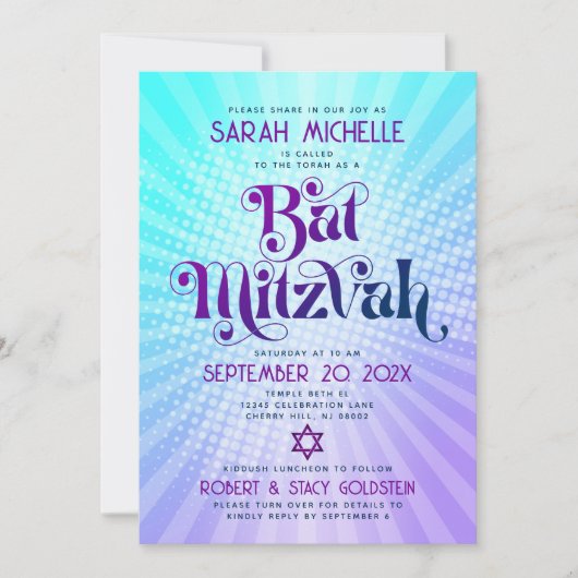 QR-Code Bat Mitzvah Retro Blue Lila Gradient Fun Einladung (Vorderseite)