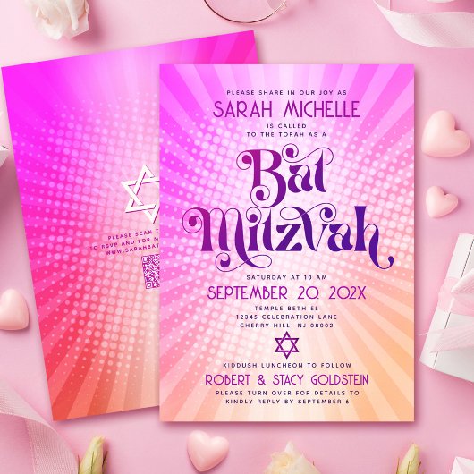 QR-Code Bat Mitzvah Retro Rosa Orangen Gradient Fu Einladung