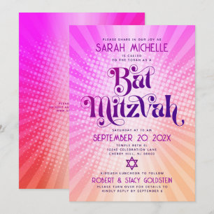 QR-Code Bat Mitzvah Retro Rosa Orangen Gradient Fu Einladung