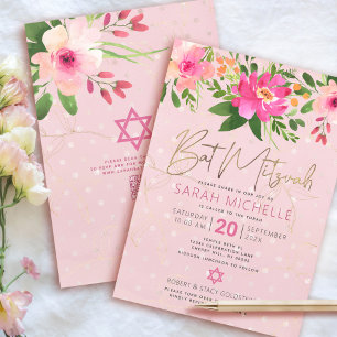 QR-Code Bat Mitzvah Rosa Floral Goldfolie Schrift Einladung