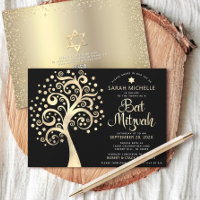 QR-Code Bat Mitzvah Schwarz Gold Baum des Lebens S
