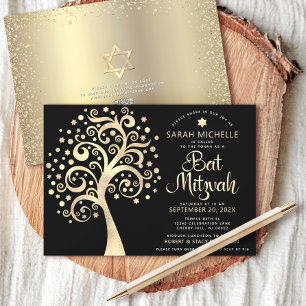 QR-Code Bat Mitzvah Schwarz Gold Baum des Lebens S Einladung